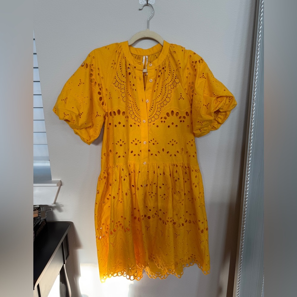 Anthropologie Mustard Eyelet Midi Dress